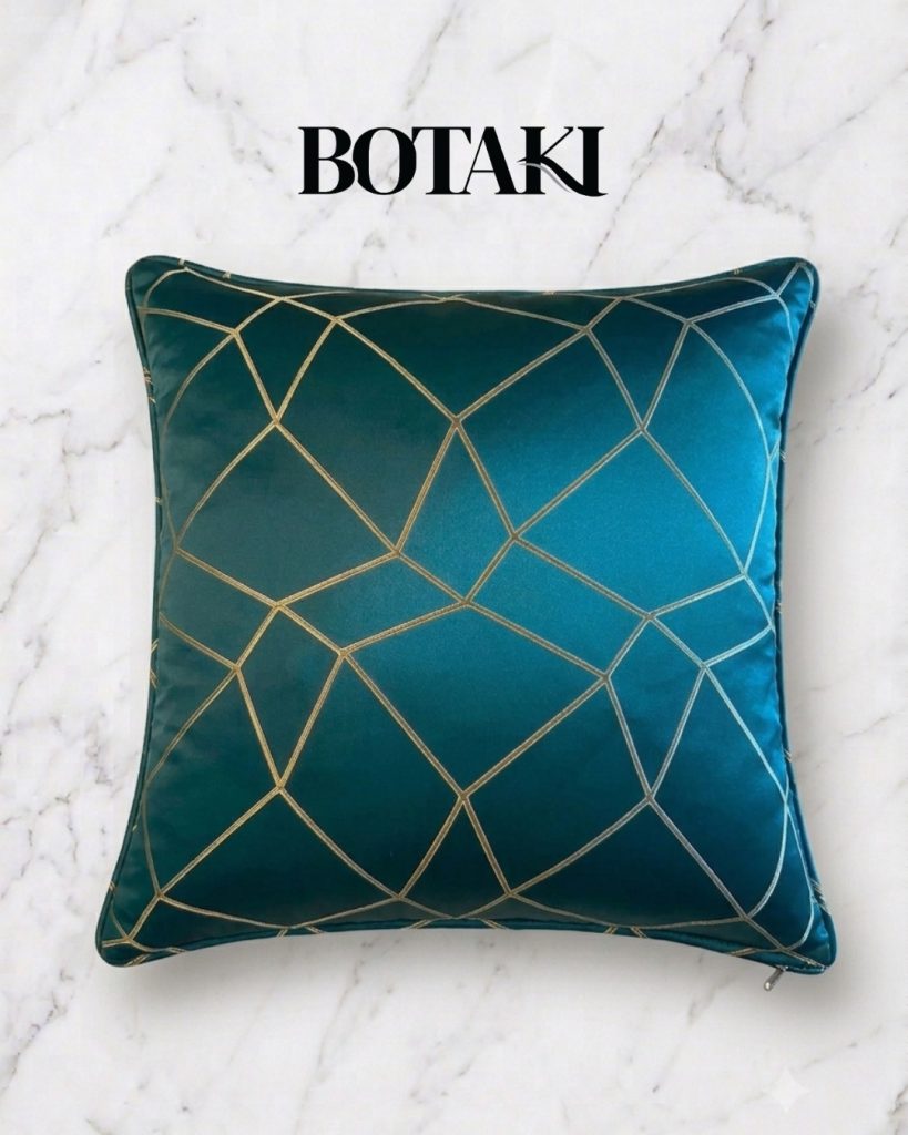 Teal Prism Cushion Design from Botakie - Silk Teal Fabric with Copper geometric embroidery